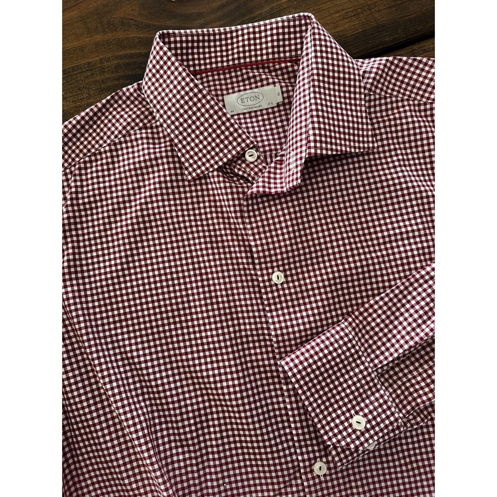 Eton Dress Shirt Mens XL 17.5 Red Gingham Check Contemporary Long Sleeve